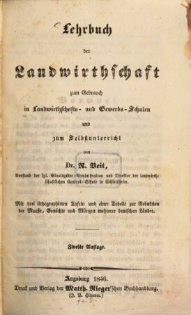 Lehrbuch der Landwirthschaft : zum Gebrauch in Landwirthschafts- und Gewerbs-Schulen und zum Selbstunterricht