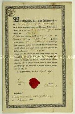 Gesellenbrief für den Glaser Martin Jacob Friedrich Rudolph Rohrlack aus Berlin