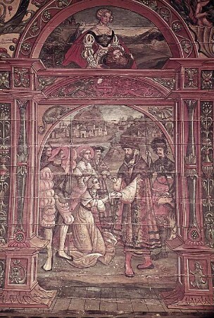 Historische Szene; Lünette: Salome mit dem Kopf des Johannes