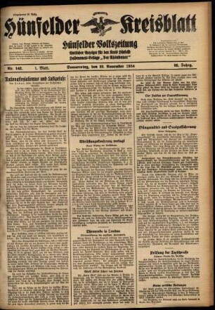 Erste Ausgabe vom Donnerstag, den 22. November 1934.
