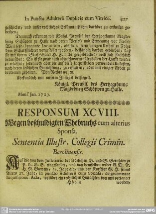 Responsum XCVIII. Wegen beschuldigten Ehebruchs cum alterius Sponsa