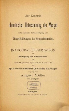 Zur Kenntnis und chemischen Untersuchung der Mergel unter spezieller Berücksichtigung der Mergelbildungen der Keuperformation