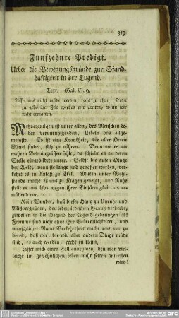 Funfzehnte Predigt. Ueber die Bewegungsgründe zur Standhaftigkeit in der Tugend