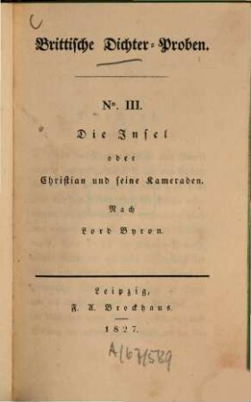 Brittische Dichter-Proben, 3. Die Insel oder Christian und seine Kameraden : Nach Lord Byron
