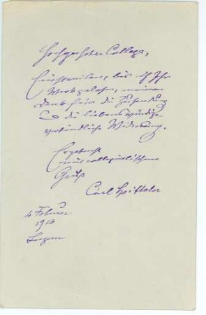 Brief von Carl Spitteler an einen Kollegen