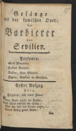 Gesänge aus der komischen Oper: der Barbierer von Sevilien