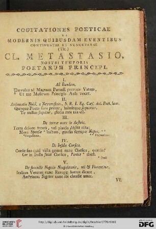 Cogitationes Poeticae De Modernis Quibusdam Eventibus Continuatae Et Nuncupatae (Tit.) Cl. Metastasio, Nostri Temporis Poetarum Principi