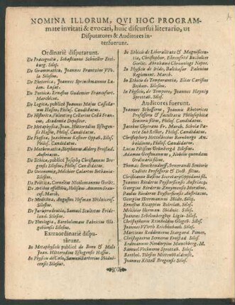 Nomina Illorum, Qui Hoc Programmate invitati & evocati, huic discursui literario, ut Disputatores & Auditores interfuerunt.