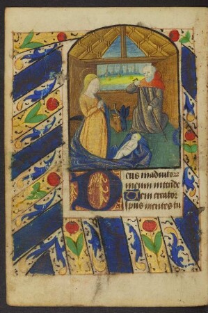 Vollbordürenseite mit Miniatur (Geburt Christi), Initiale D und Streumusterbordüre