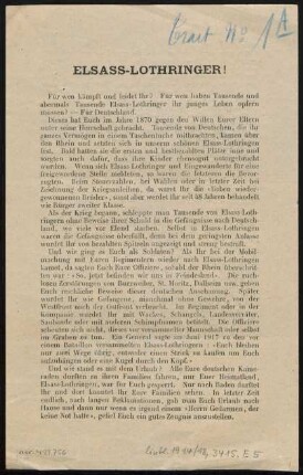 Elsass-Lothringer! : Für wen kämpft und leidet ihr? Für wen haben Tausende und abermals Tausende Elsass-Lothringer ihr junges Leben opfern müssen? ...