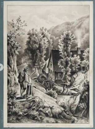 Eine Wassermühle in felsigem Tal mit einem Wanderer (Illustration zu Wilhelm Müllers Gedichten?)