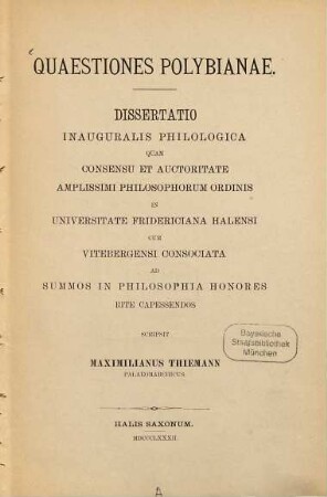 Quaestiones Polybianae : (Hallenser Doctordiss.)