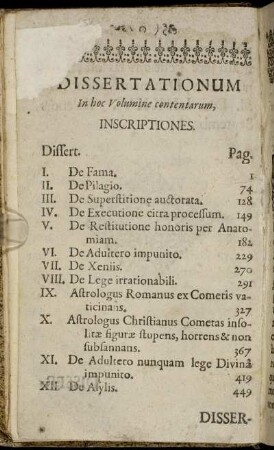 Disserationum In hoc Volumine contentarum, Inscriptiones.