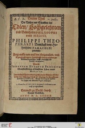 [Druck:] Paracelsus, Opera, Bd. 3, Basel: Konrad von Waldkirch, 1589