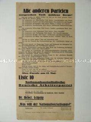 Wahlflugblatt der NSDAP zu den Sächsischen Landtagswahlen mit Aufruf zu einer öffentlichen Versammlung
