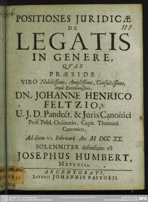 Positiones Iuridicae De Legatis In Genere