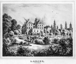 Lauske, Buchdruck; 254 x 362 mm (Blattgröße). Aus: Poenicke, G. A., Heise, F. : Album der Rittergüterund Schlösser im Königreich Sachsen, III. Section, Markgrafenthum Oberlausitz. Leipzig: Expedition des Albums Sächsischer Rittergüter und Schlösser, ca. 1859. Dresden: SLUB Hist.Sax.H.3.m-3