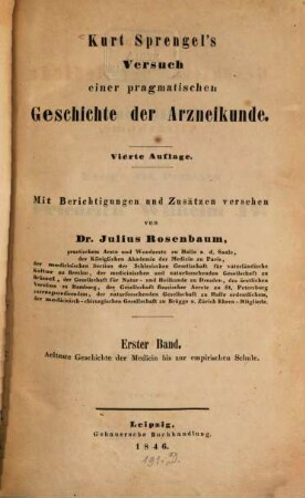 Kurt Sprengel's Geschichte der Medicin im Alterthume : Mit Berichtigungen und Zusätzen versehen von Julius Rosenbaum, 1.. Aelteste Geschichte der Medicin bis zur empirischen Schule