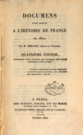 Documens pour servir à l'histoire de France en 1820