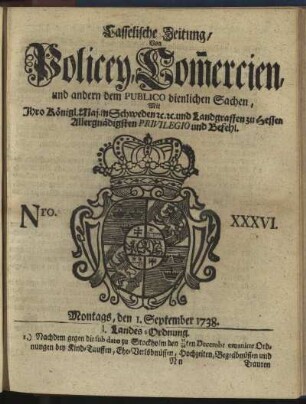 Nro. XXXVI, Montags, den 1. September 1738