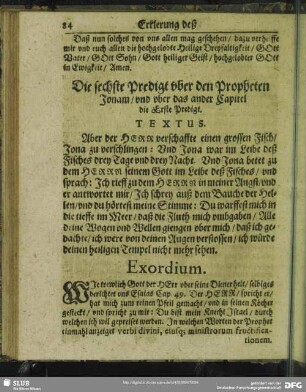 Die sechste Predigt uber den Propheten Jonam, und uber das ander Capitel die Erste Predigt