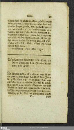 Schreiben des Lieutnant von Katt, an Ihro Excellenz den Generallieutenant von Katt