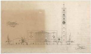 Gsaenger, Gustav; München - Fürstenried; Ev. Andreas Kirche, Pfarrhaus und Siedlung Fürstenried 2 - Vorprojekt Nordseite (Ansicht)