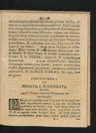 Controversia I. De Primatu S. Pontificatu Petri.