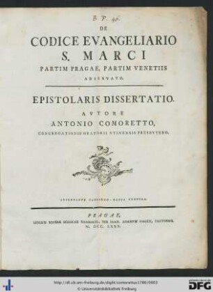 De Codice Evangeliario S. Marci Partim Pragae, Partim Venetiis Adservato : Epistolaris Dissertatio