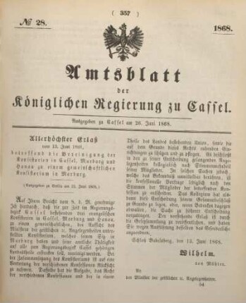 № 28. Ausgegeben zu Cassel am 26. Juni 1868.