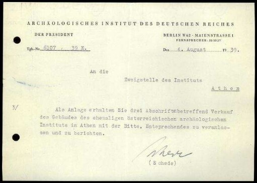M. Schede an DAI Athen