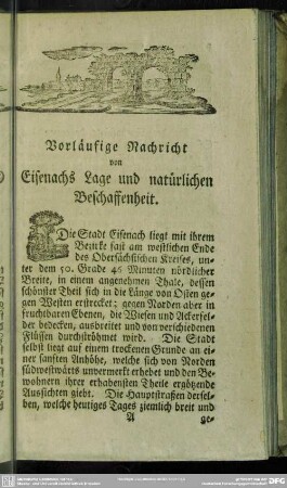 Vorläufige Nachricht von Eisenachs Lage und natürlichen Beschaffenheit