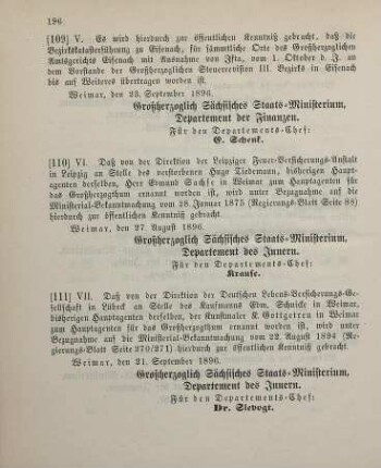 111. Ministerial-Bekanntmachung, betreffend Wechsel in der Hauptagentur der Deutschen Lebens-Versicherungs-Gesellschaft in Lübeck