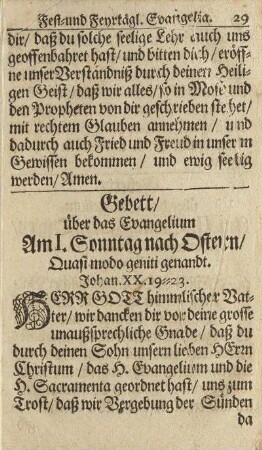 Gebett/ über das Evangelium Am I. Sonntag nach Ostern/ Quasi modo geniti genandt.