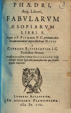 Phaedri, Aug. liberti, fabularum Aesopiarum libri V.