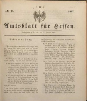 № 10. Ausgegeben zu Cassel am 25. Februar 1867.