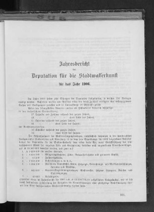 Jahresbericht der Deputation für die Stadtwasserkunst für das Jahr 1906.