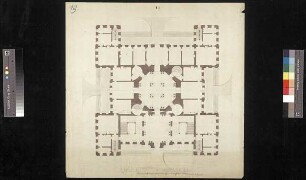 Grundriss des Erdgeschosses dieses Schlosses mit Gestaltungsvarianten auf zwei Tekturen (Cap. 6, Nr. 18, Bl. 19a)
