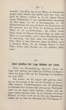 IX. Zwei Jubiläen der Loge Balduin zur Linde.