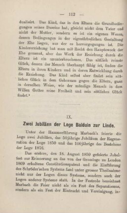 IX. Zwei Jubiläen der Loge Balduin zur Linde.
