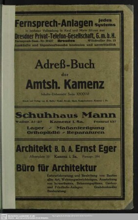1926: Adressbuch der Amtshauptmannschaft Kamenz