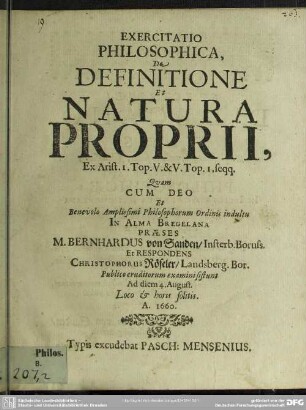 Exercitatio de natura et definitione proprii