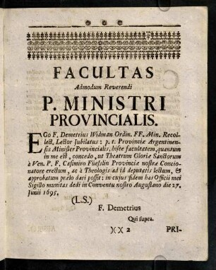 2r-2r, Facultas Admodum Reverendi P. Ministri Provincials.