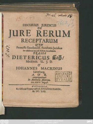 Discursus Iuridicus De Iure Rerum Receptarum