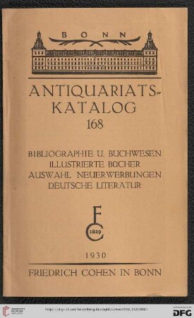 Nr. 168: Antiquariatskatalog / Friedrich Cohen, Buchhandlung und Antiquariat