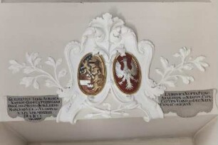 Wappenpaare in Kartuschen — Wappen des Prinzen Wilhelm von Oranien-Nassau (1533-1584) und seiner Ehefrau Louise von Coligny (1555-1620)