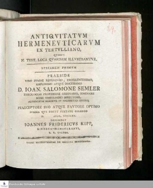 Antiqvitatvm Hermenevticarvm Ex Tertvlliano, Qvibvs N. Test. Loca Qvaedam Illvstrantvr, Specimen Primvm