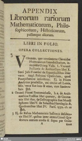 Appendix. Librorum rariorum Mathematicorum, Philosophicorum, Historicorum, passimque aliorum