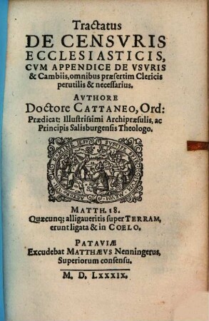 Tractatus brevis de censuris ecclesiasticis ... : cum append. de usuris
