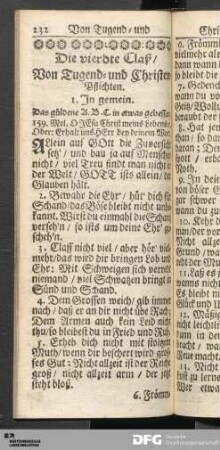 Die vierdte Claß/ Von Tugend-und Christen-Pflichten.